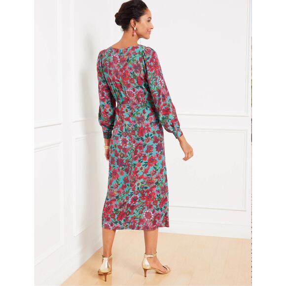 Talbots Floral Midi Dress Size 12 Jewel Tone Long Sleeve Lined Shift Workwear - Picture 3 of 10